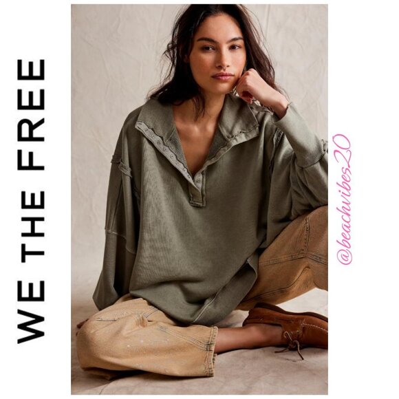 WE THE FREE BY FREE PEOPLE Camden Henley Sweatshirt Laurel Oak Large NWT FP-232 - Picture 2 of 9
